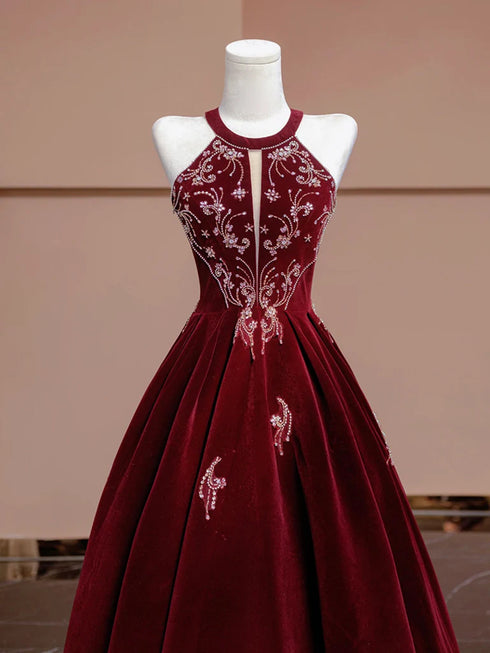 Wine Red Velvet Beaded Halter A-line Evening Dress, Wine Red Velvet Prom Dress